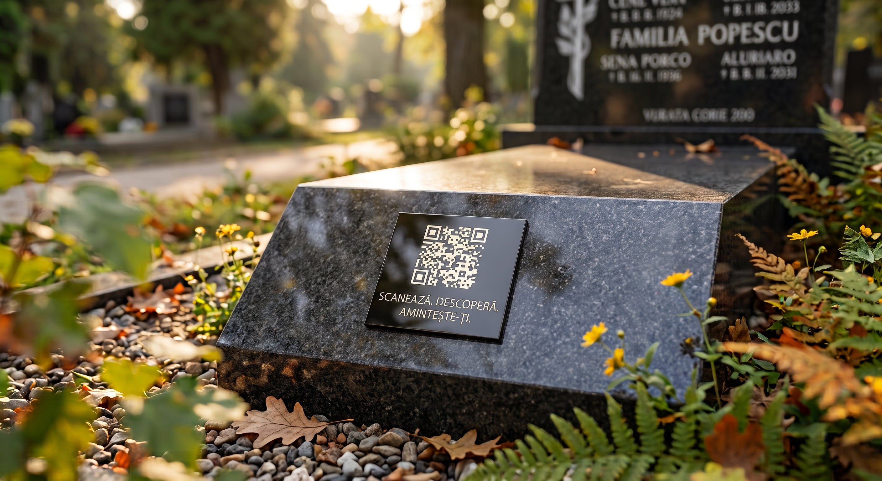 Placa Memorială Nemuria – cod QR gravat, rezistent la intemperii, care deschide pagina cu fotografiile și povestea celui drag. O singură plată, fără abonament